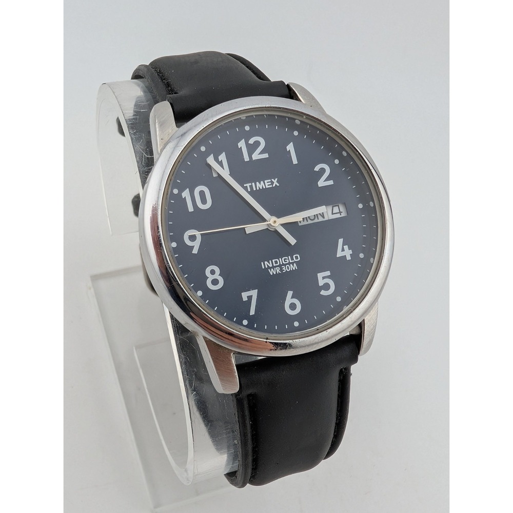 Timex Indiglo Easy Reader Blue Dial 35mm Silver Case Leather Band- New Battery
